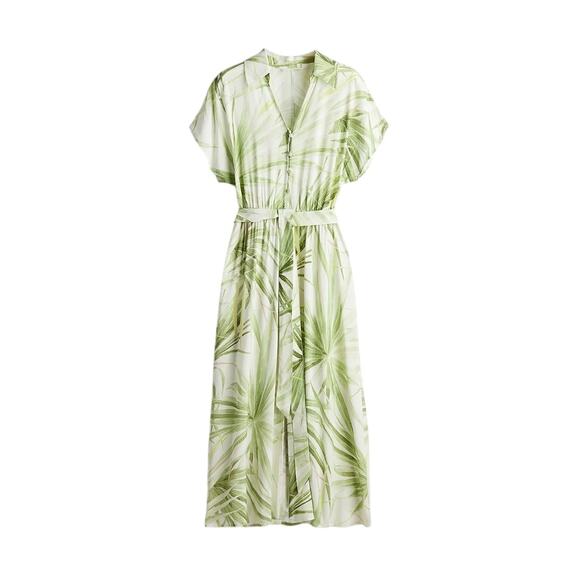 H&M Dresses & Skirts - Large H&M Tropical Print Midi Dress Palm White Green Vacation Summer Party